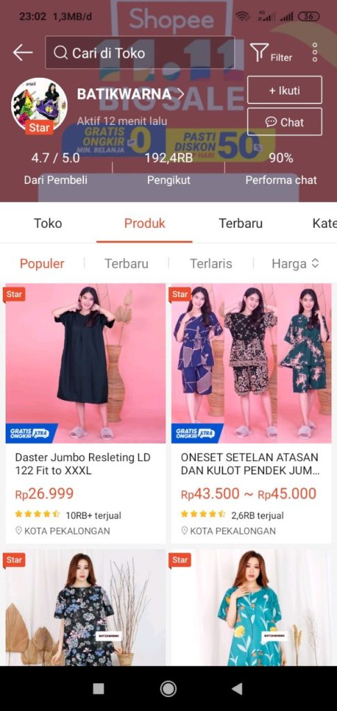 nama toko daster di shopee